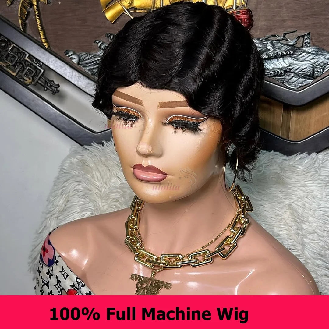 Short Finger Wave Wig Human Hair Wig For Women 99J Burgundy Brown Short Ocean Wave Wig Pixie Cut Wigs for Woman Natural Color Beauty hair & fashionfj