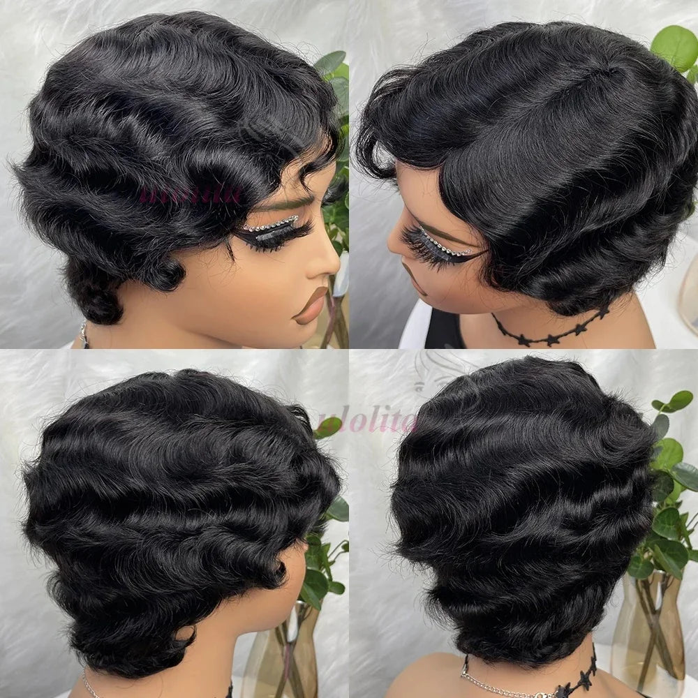 Short Finger Wave Wig Human Hair Wig For Women 99J Burgundy Brown Short Ocean Wave Wig Pixie Cut Wigs for Woman Natural Color Beauty hair & fashionfj