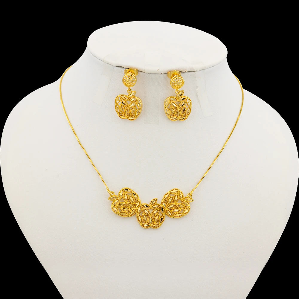 Gold Color Jewelry Sets Cute Necklace Earrings Flower Leaf Star Pendant Exquisite Link Chain Ear Stud Romantic Lover Gift Party