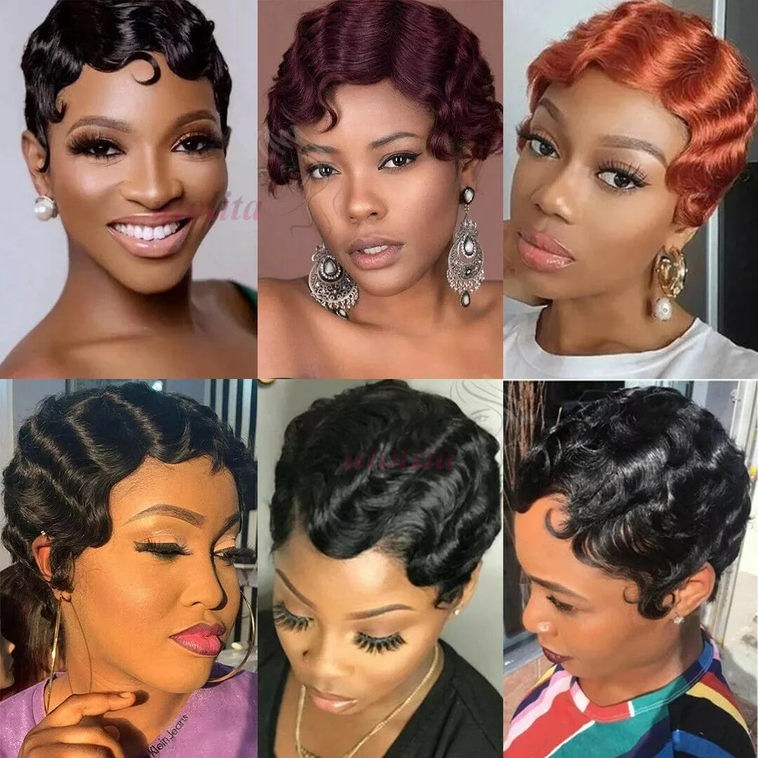 Short Finger Wave Wig Human Hair Wig For Women 99J Burgundy Brown Short Ocean Wave Wig Pixie Cut Wigs for Woman Natural Color Beauty hair & fashionfj