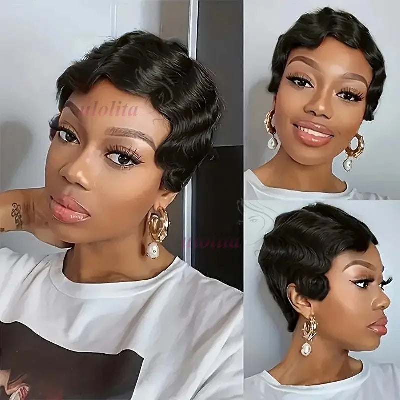 Short Finger Wave Wig Human Hair Wig For Women 99J Burgundy Brown Short Ocean Wave Wig Pixie Cut Wigs for Woman Natural Color Beauty hair & fashionfj