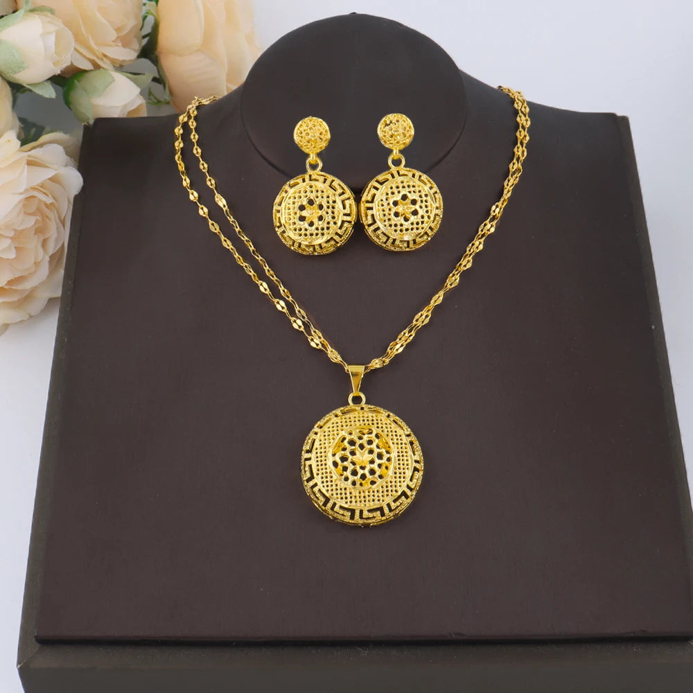 Dubai 24k Gold Plated Jewelry Sets for Women Indian Bridal Costume Necklace Earrings Sets Nigerian Wedding Party Gifts