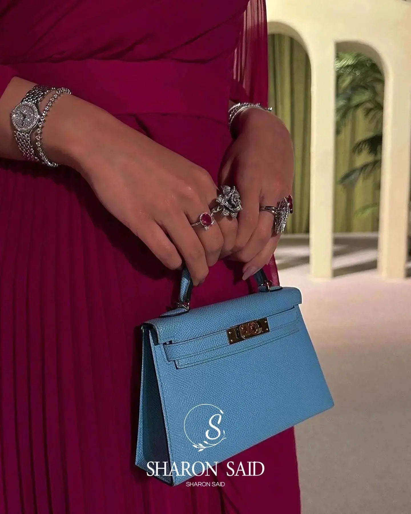 Sharon Said Dubai Fuchsia High-Neck Evening Dresses with Chiffon Long Sleeves for Women Wedding Formal Gown SF085 Customized Beauty hair & fashionfj