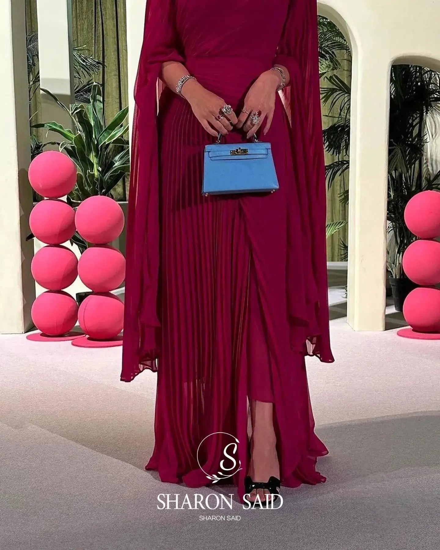 Sharon Said Dubai Fuchsia High-Neck Evening Dresses with Chiffon Long Sleeves for Women Wedding Formal Gown SF085 Customized Beauty hair & fashionfj