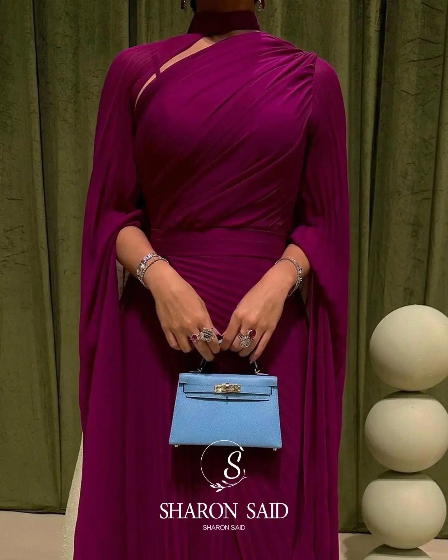 Sharon Said Dubai Fuchsia High-Neck Evening Dresses with Chiffon Long Sleeves for Women Wedding Formal Gown SF085 Customized Beauty hair & fashionfj