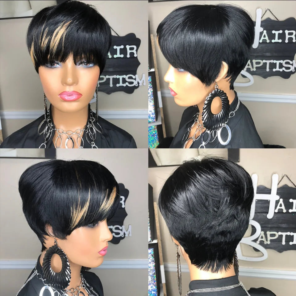 WIGERA Highlight Synthetic Short Straight Pixie Cut Hair Bob Wig Ombre Honey Blonde Mix Black Bronw Layered Hair Wigs For Woman