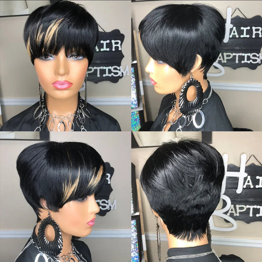 WIGERA Highlight Synthetic Short Straight Pixie Cut Hair Bob Wig Ombre Honey Blonde Mix Black Bronw Layered Hair Wigs For Woman