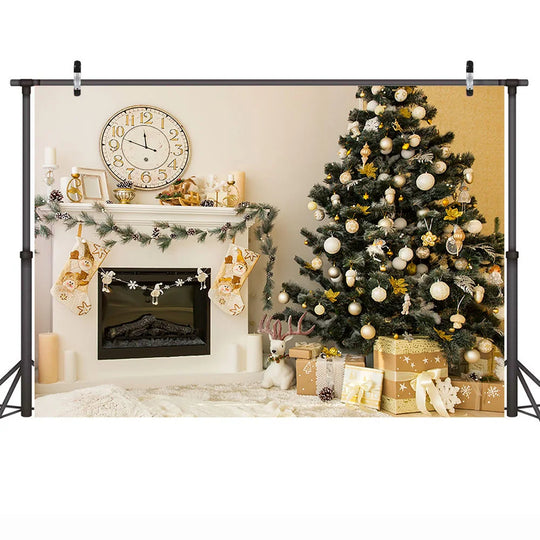 Christmas Tree Winter Portrait Background Photography Fireplace Clock Family Living Room Party Backdrop Socks Gifts Photocall