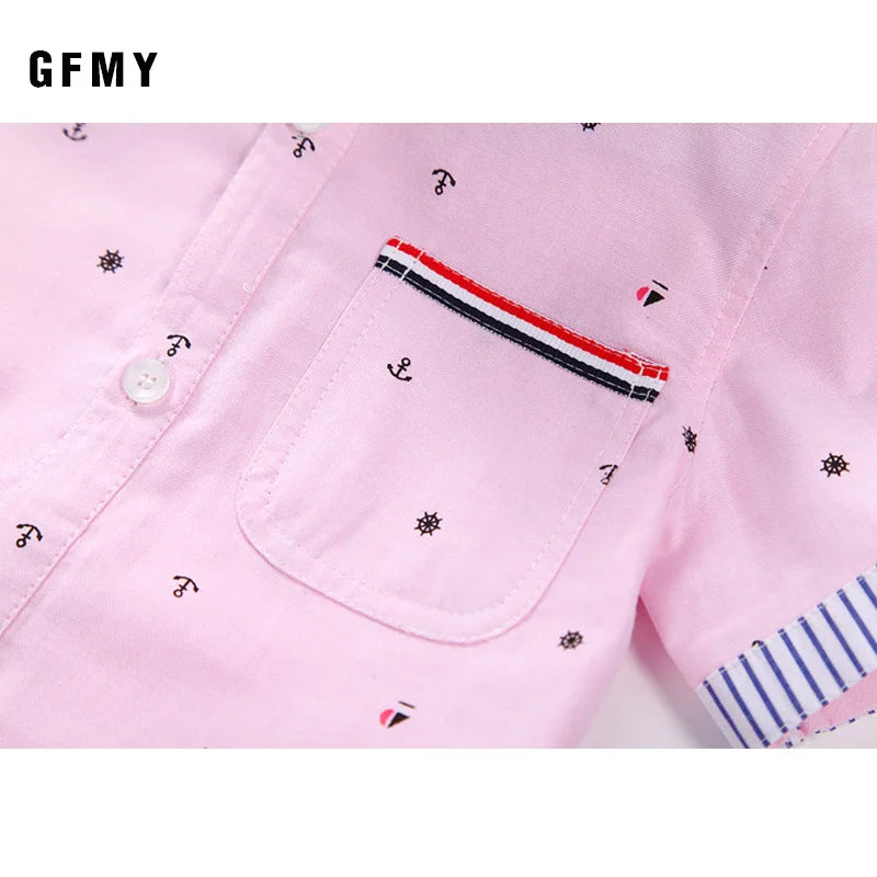 GFMY Hot Sale Children Shirts Blouse Casual Solid Cotton Short-sleeved Boys shirts For 2-14 Years Ribbon Decoration Baby shirts Beauty hair & fashionfj