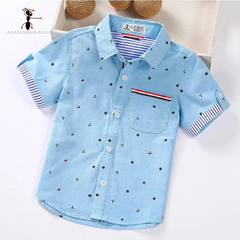 GFMY Hot Sale Children Shirts Blouse Casual Solid Cotton Short-sleeved Boys shirts For 2-14 Years Ribbon Decoration Baby shirts Beauty hair & fashionfj