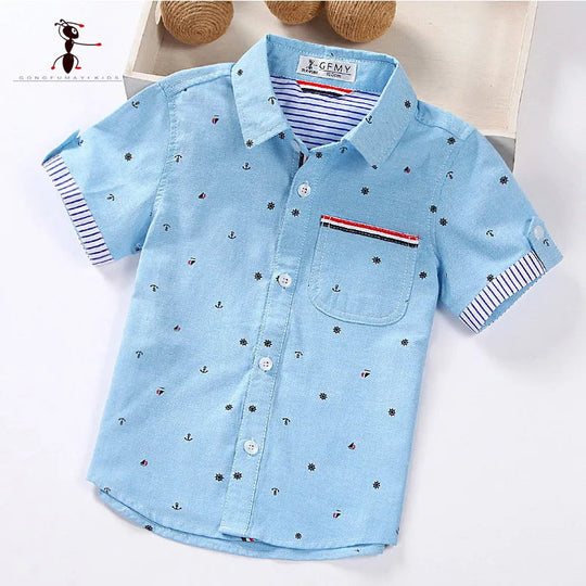 GFMY Hot Sale Children Shirts Blouse Casual Solid Cotton Short-sleeved Boys shirts For 2-14 Years Ribbon Decoration Baby shirts Beauty hair & fashionfj