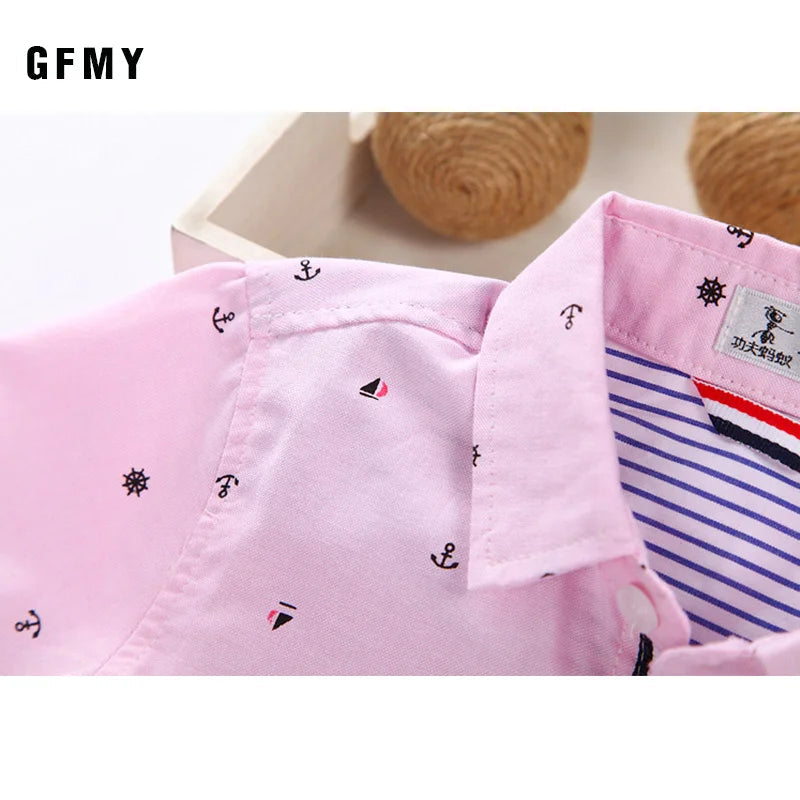 GFMY Hot Sale Children Shirts Blouse Casual Solid Cotton Short-sleeved Boys shirts For 2-14 Years Ribbon Decoration Baby shirts Beauty hair & fashionfj