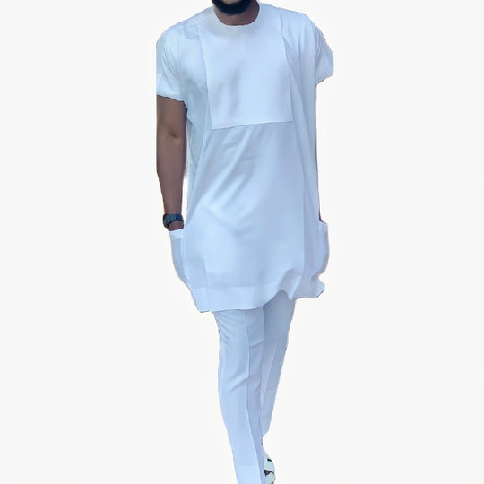 New Arrivals African Fashion Solid White Men's Cotton Pant Suits Short Sleeve Tops+Casual Trousers Custom Nigerian Style Garment Beauty hair & fashionfj