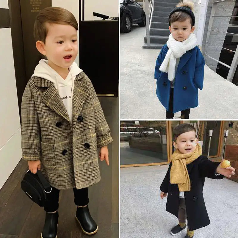 Winter Grid Jackets Boys girls Woolen Double-breasted Baby Boy Trench Coat Lapel Kids Outerwear Coats Wool Coat Winter Overcoat