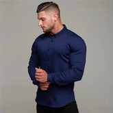 New Spring Autumn Mens Full Sleeve Shirt Solid Fitness Men Turndown Collar Super Slim Fit Business Dress Shirt Button Gym Tops Beauty hair & fashionfj