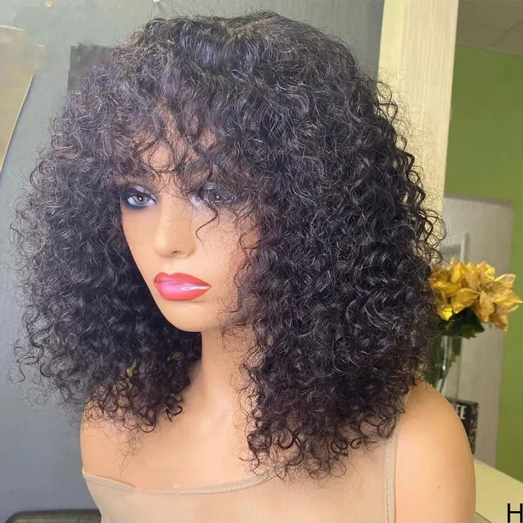 Short Bob Curly Human Hair Wigs Ombre Brazilian Remy Hair WIgs With Bangs Full Machine Made 180% Density Wigs For Black Women Beauty hair & fashionfj