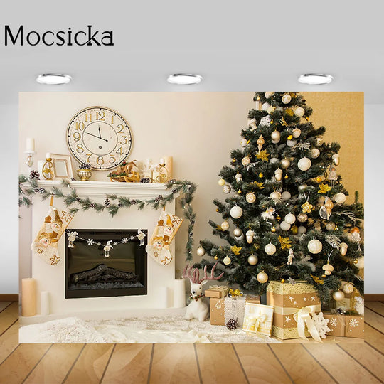 Christmas Tree Winter Portrait Background Photography Fireplace Clock Family Living Room Party Backdrop Socks Gifts Photocall