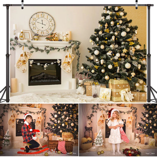Christmas Tree Winter Portrait Background Photography Fireplace Clock Family Living Room Party Backdrop Socks Gifts Photocall