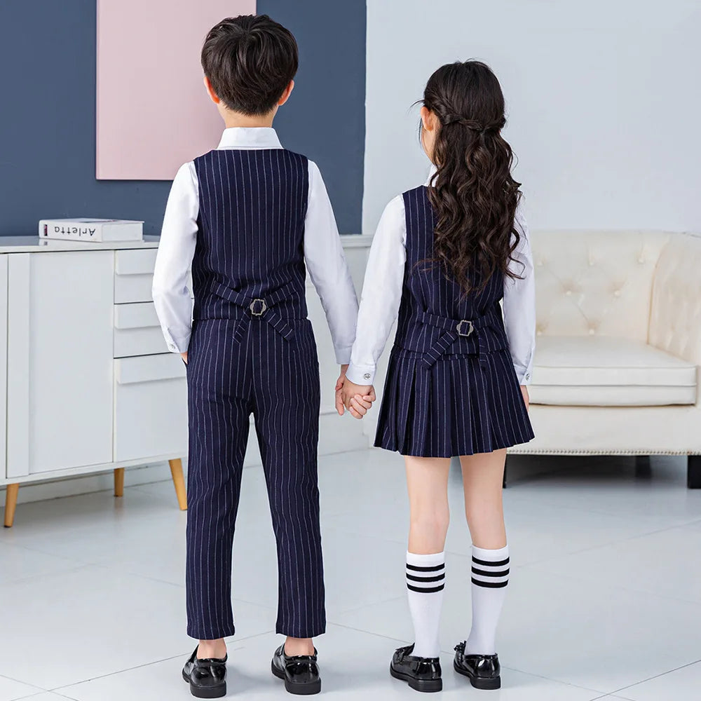 Boys Vest School Uniform Suits Girls Striped Waistcoat Pant Skirt Outfits Child Student Costumes Kids Chorus Team Clothes Sets