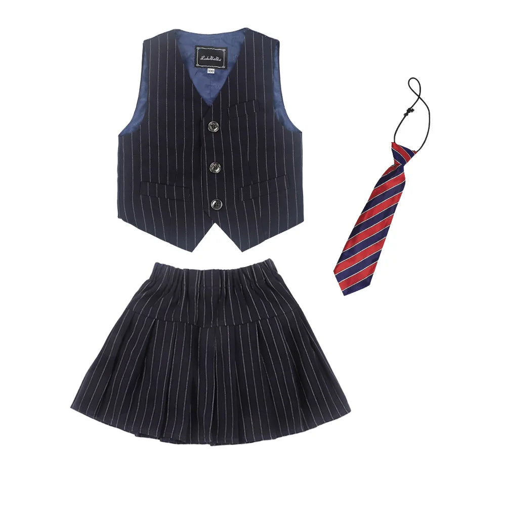 Boys Vest School Uniform Suits Girls Striped Waistcoat Pant Skirt Outfits Child Student Costumes Kids Chorus Team Clothes Sets