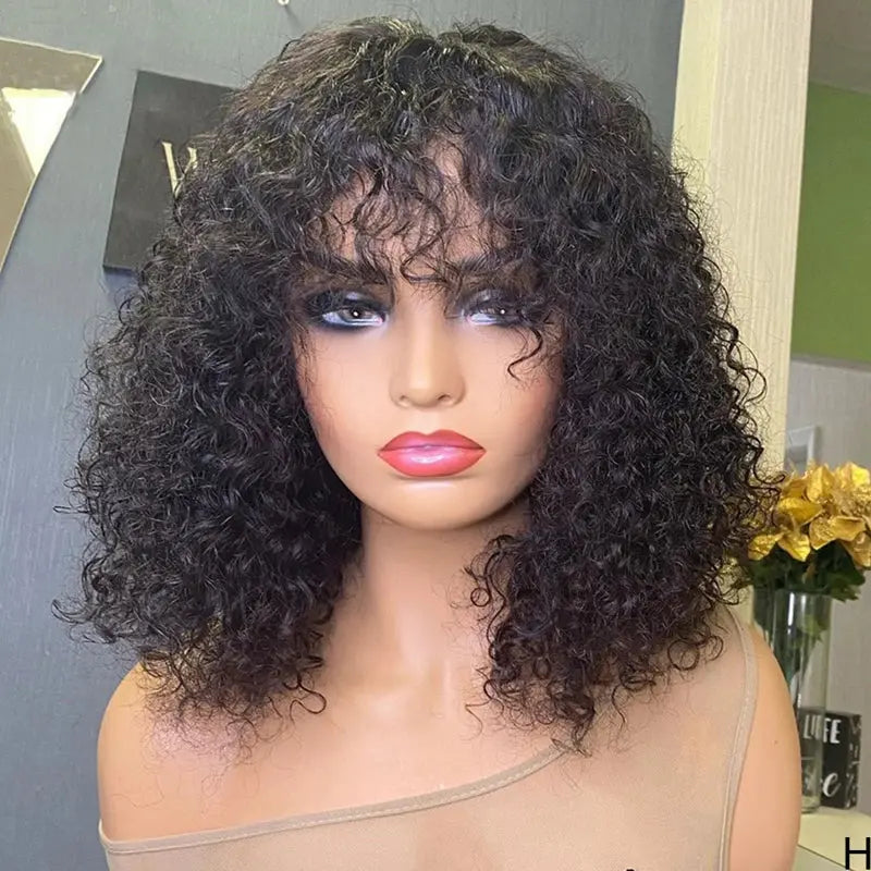 Short Bob Curly Human Hair Wigs Ombre Brazilian Remy Hair WIgs With Bangs Full Machine Made 180% Density Wigs For Black Women Beauty hair & fashionfj