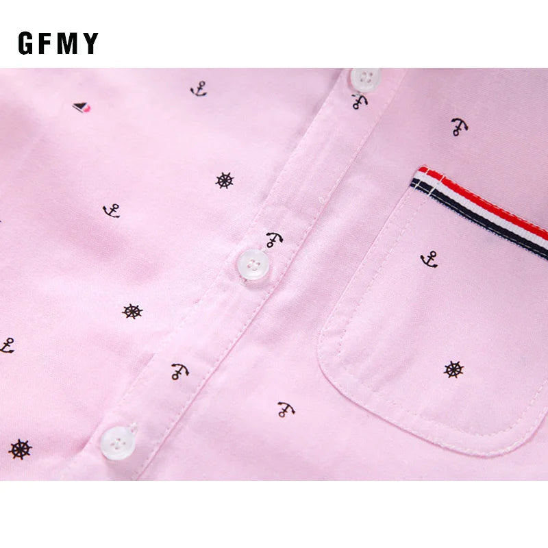 GFMY Hot Sale Children Shirts Blouse Casual Solid Cotton Short-sleeved Boys shirts For 2-14 Years Ribbon Decoration Baby shirts Beauty hair & fashionfj
