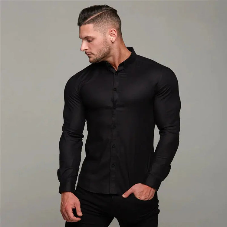 New Spring Autumn Mens Full Sleeve Shirt Solid Fitness Men Turndown Collar Super Slim Fit Business Dress Shirt Button Gym Tops Beauty hair & fashionfj