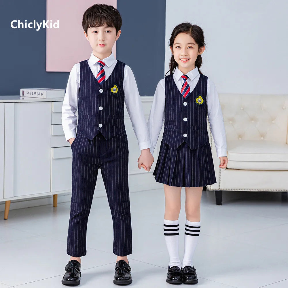 Boys Vest School Uniform Suits Girls Striped Waistcoat Pant Skirt Outfits Child Student Costumes Kids Chorus Team Clothes Sets