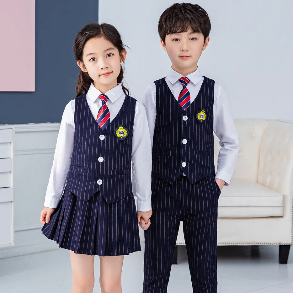 Boys Vest School Uniform Suits Girls Striped Waistcoat Pant Skirt Outfits Child Student Costumes Kids Chorus Team Clothes Sets