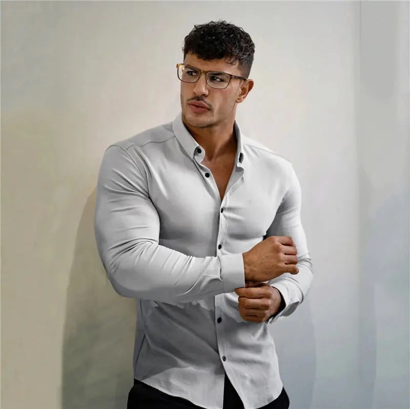 New Spring Autumn Mens Full Sleeve Shirt Solid Fitness Men Turndown Collar Super Slim Fit Business Dress Shirt Button Gym Tops Beauty hair & fashionfj