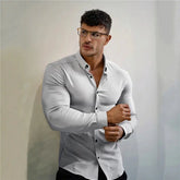 New Spring Autumn Mens Full Sleeve Shirt Solid Fitness Men Turndown Collar Super Slim Fit Business Dress Shirt Button Gym Tops Beauty hair & fashionfj