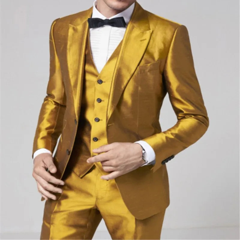 3 Piece Latest Coat Pant Designs Gold Satin Men Suit Formal Skinny Stage Blazer Shiny Prom Style Tuxedo Custom Jacket Pant Terno Beauty hair & fashionfj