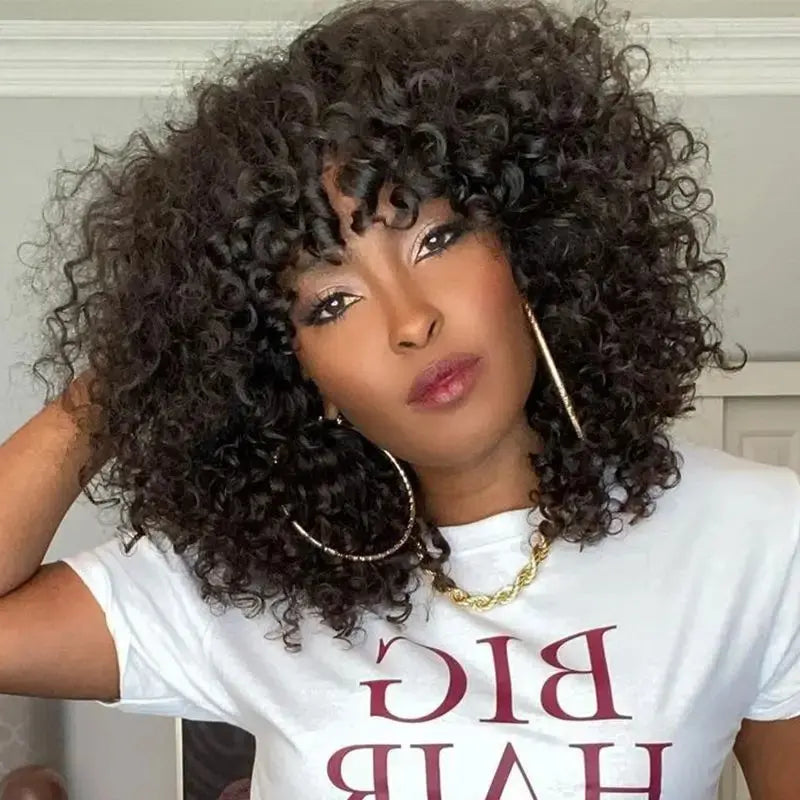 Short Bob Curly Human Hair Wigs Ombre Brazilian Remy Hair WIgs With Bangs Full Machine Made 180% Density Wigs For Black Women Beauty hair & fashionfj