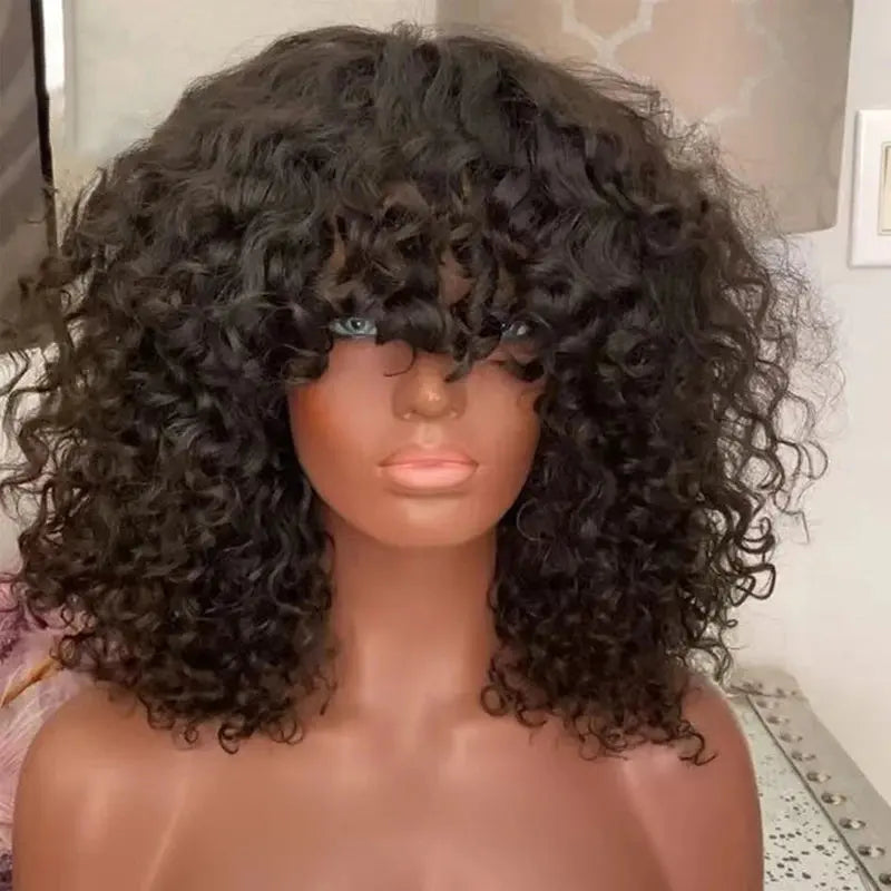 Short Bob Curly Human Hair Wigs Ombre Brazilian Remy Hair WIgs With Bangs Full Machine Made 180% Density Wigs For Black Women Beauty hair & fashionfj