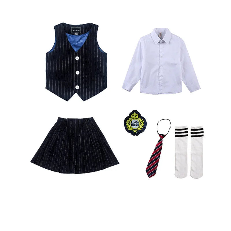 Boys Vest School Uniform Suits Girls Striped Waistcoat Pant Skirt Outfits Child Student Costumes Kids Chorus Team Clothes Sets