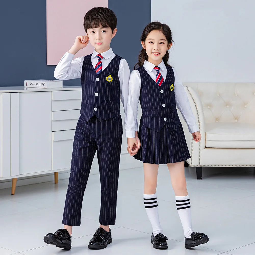 Boys Vest School Uniform Suits Girls Striped Waistcoat Pant Skirt Outfits Child Student Costumes Kids Chorus Team Clothes Sets