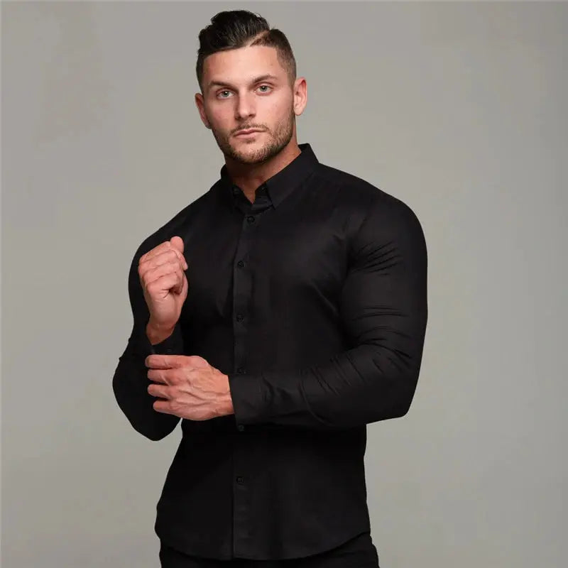 New Spring Autumn Mens Full Sleeve Shirt Solid Fitness Men Turndown Collar Super Slim Fit Business Dress Shirt Button Gym Tops Beauty hair & fashionfj