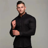 New Spring Autumn Mens Full Sleeve Shirt Solid Fitness Men Turndown Collar Super Slim Fit Business Dress Shirt Button Gym Tops Beauty hair & fashionfj