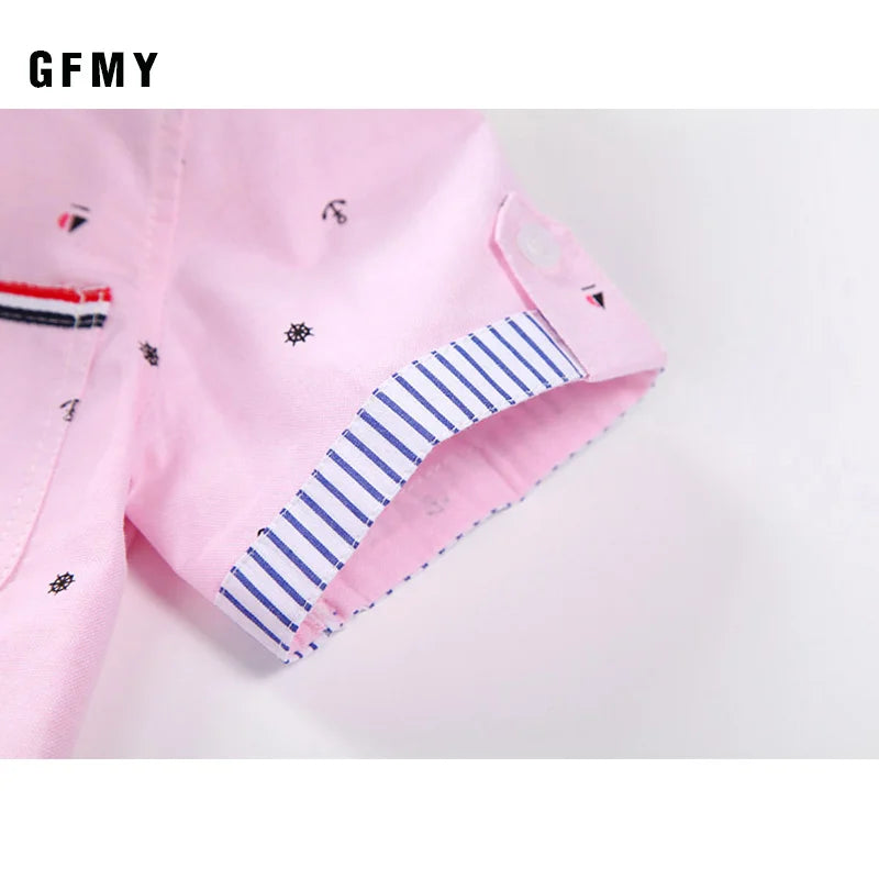 GFMY Hot Sale Children Shirts Blouse Casual Solid Cotton Short-sleeved Boys shirts For 2-14 Years Ribbon Decoration Baby shirts Beauty hair & fashionfj