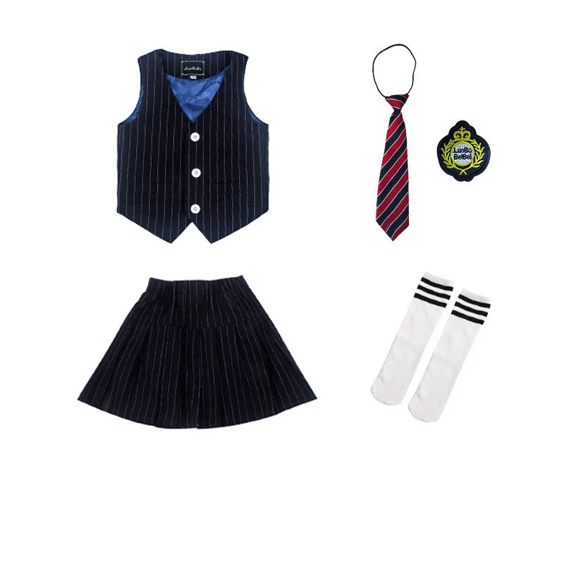 Boys Vest School Uniform Suits Girls Striped Waistcoat Pant Skirt Outfits Child Student Costumes Kids Chorus Team Clothes Sets