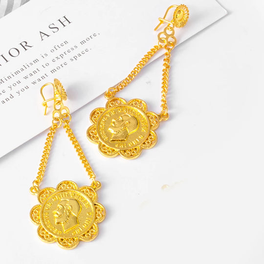 Gold Coin Earrings for Women African Trendy Alloy Earrings Ethiopian Plated Ethnic For Girls Wedding Gift