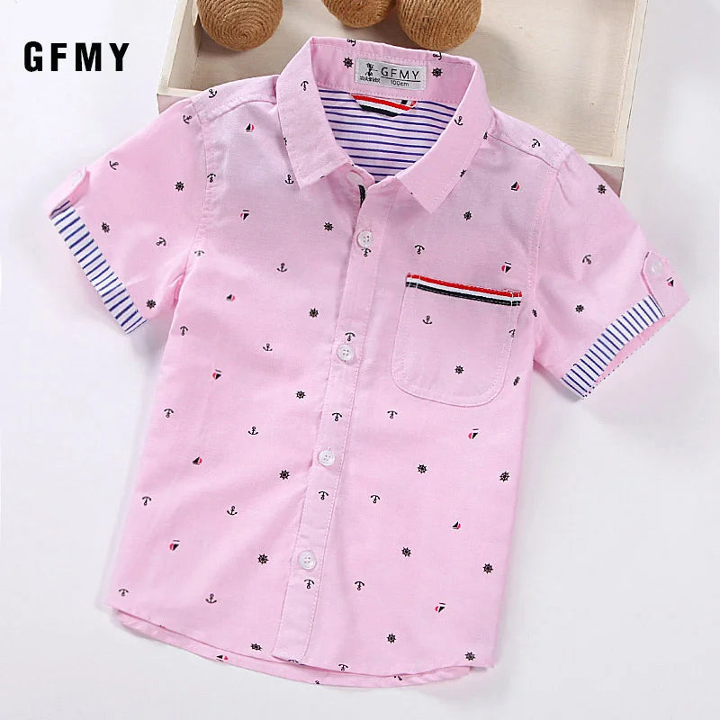 GFMY Hot Sale Children Shirts Blouse Casual Solid Cotton Short-sleeved Boys shirts For 2-14 Years Ribbon Decoration Baby shirts Beauty hair & fashionfj