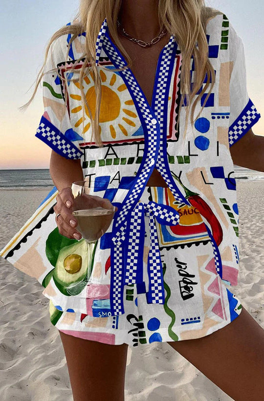 Women's Fashion Printed Casual Vacation Style Cardigan Shorts Suit Beauty hair & fashionfj