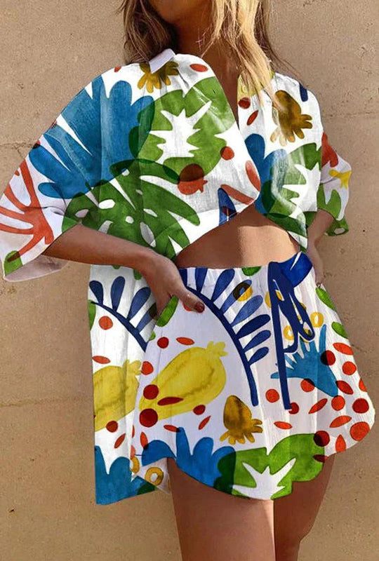 Women's Fashion Printed Casual Vacation Style Cardigan Shorts Suit Beauty hair & fashionfj