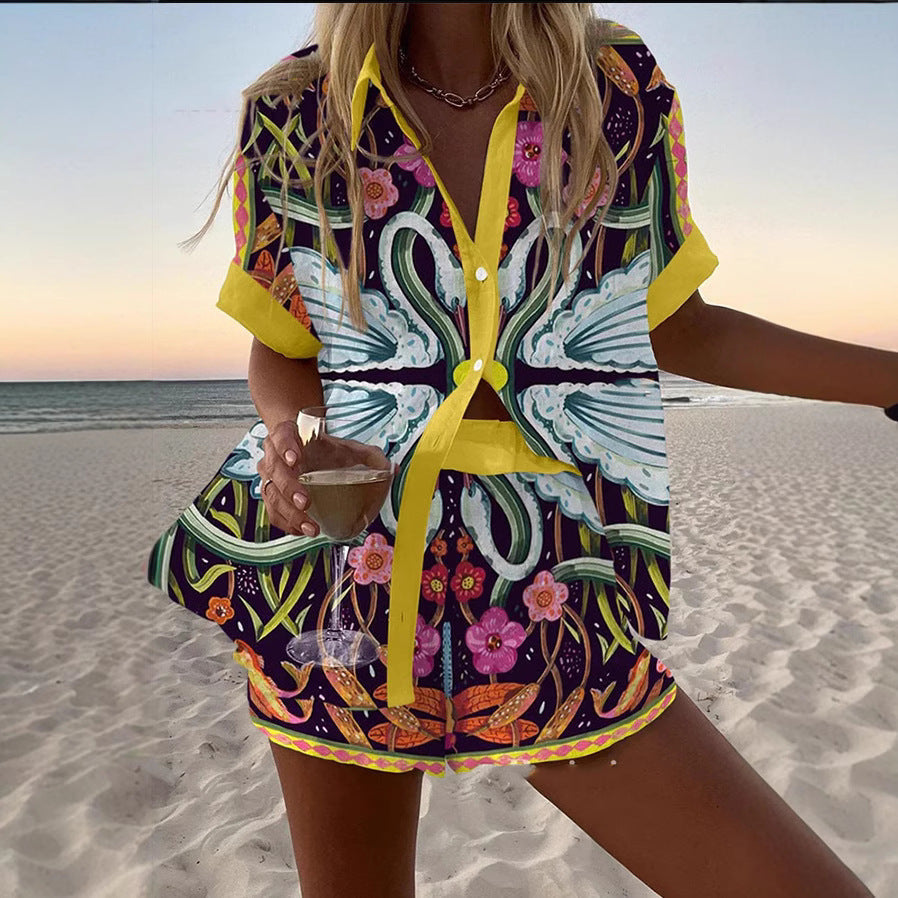 Women's Fashion Printed Casual Vacation Style Cardigan Shorts Suit Beauty hair & fashionfj
