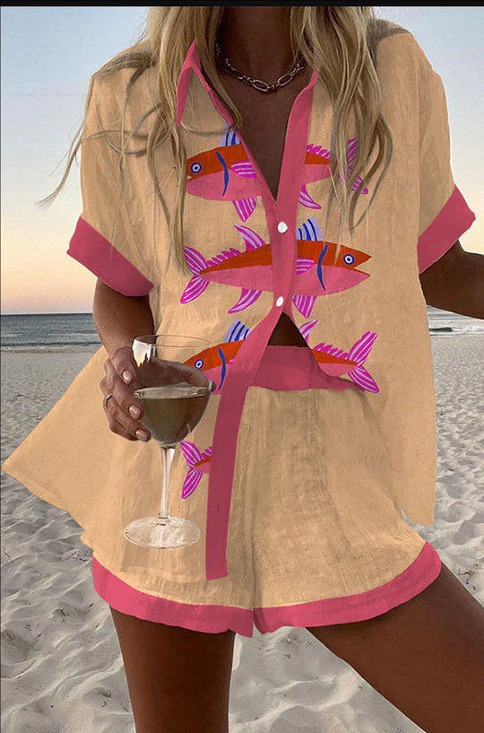 Women's Fashion Printed Casual Vacation Style Cardigan Shorts Suit Beauty hair & fashionfj