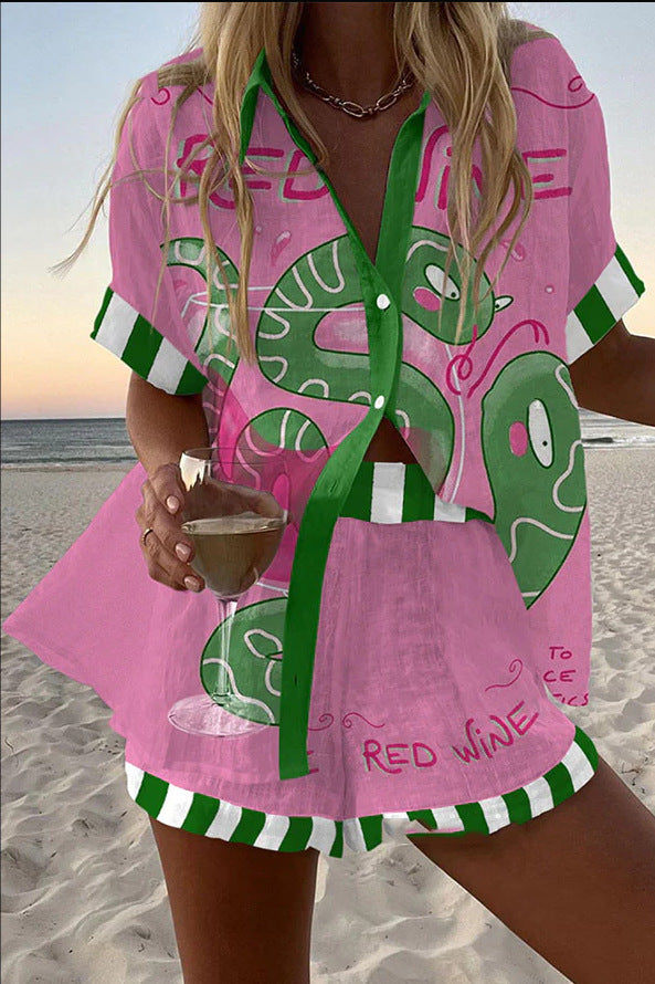 Women's Fashion Printed Casual Vacation Style Cardigan Shorts Suit Beauty hair & fashionfj