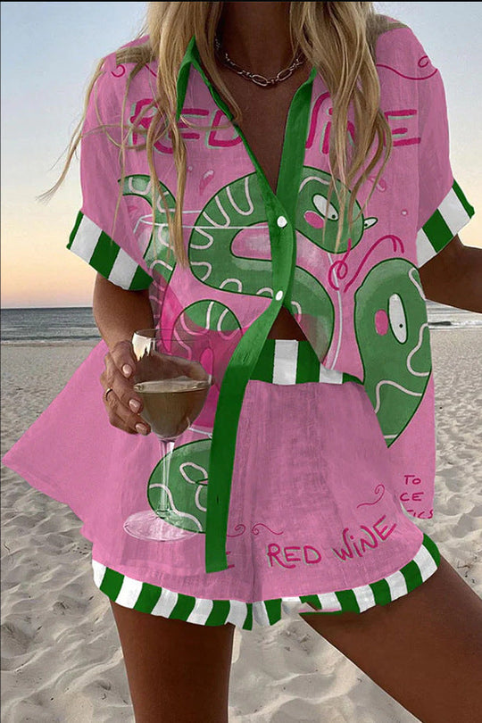 Women's Fashion Printed Casual Vacation Style Cardigan Shorts Suit Beauty hair & fashionfj