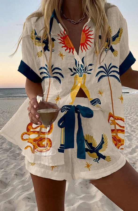 Women's Fashion Printed Casual Vacation Style Cardigan Shorts Suit Beauty hair & fashionfj