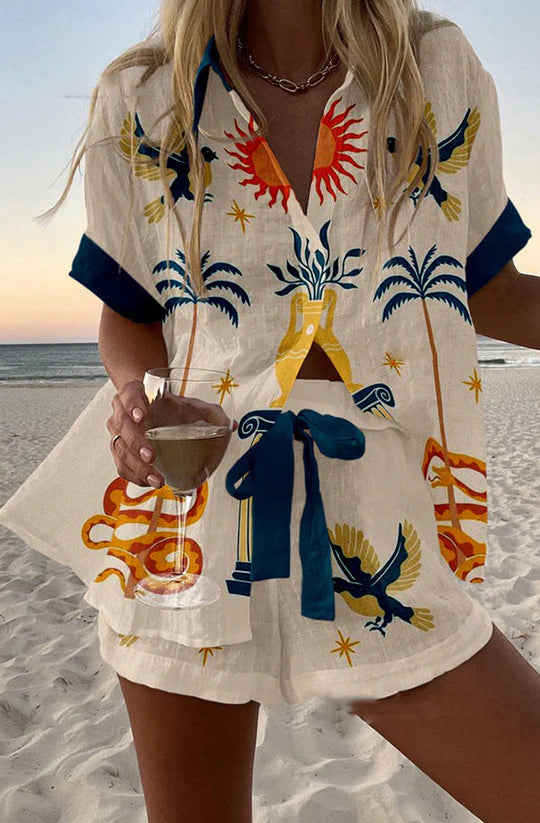 Women's Fashion Printed Casual Vacation Style Cardigan Shorts Suit Beauty hair & fashionfj